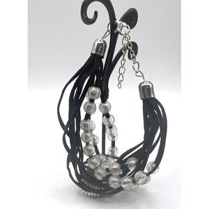 Black Cord Multi Strand Bracelet Iridescent Glass Beads 10 Strand